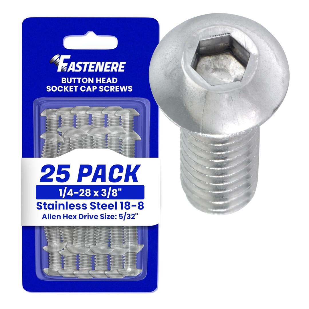Fastenere Button Head Socket Cap Screws - 1/4-28 x 3/8" (25 Pack) Stainless Steel 18-8, Full Thread, Bright Plain Finish, Corrosion-Resistant, Machine Thread, Easy to Install w/Allen Socket Drive