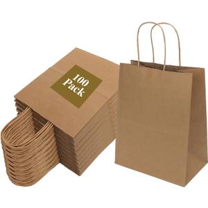100 Pack 8x4.75x10 Inch Medium Brown Paper Bags with Handles Bulk, Joybe Kraft Paper Gift Bags for Birthday Party Favors Grocery Retail Shopping Business Goody Craft Blank Sacks (Plain Natural 100pcs)