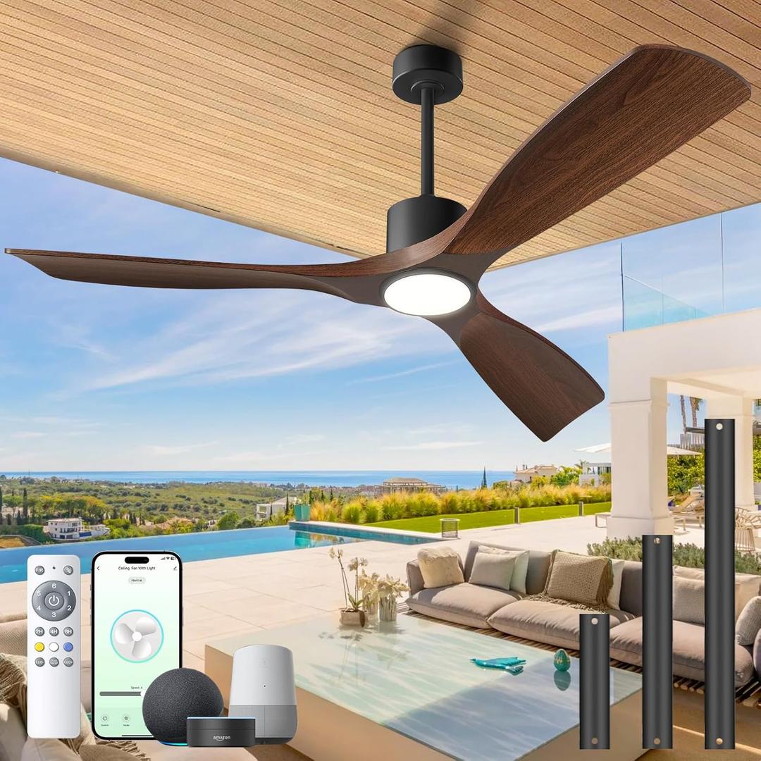 Ceiling Fans with Lights, Ceiling Fans with Lights and Remote, 52 inch Modern Smart Ceiling Fan with Light, Outdoor Ceiling Fans for Patios 3 Blade Bedroom Living Room Porch(Dark Walnut)