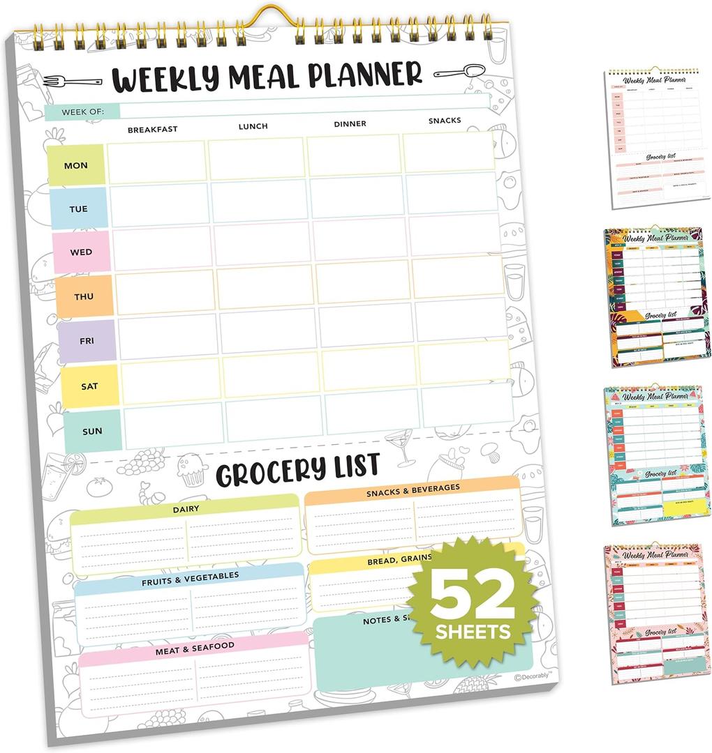 Decorably 52 Sheets Pastel Rainbow Undated Magnetic Weekly Meal Planner for Fridge with Grocery List and 4 Strong Magnets - 7x10in Spring-Bound, Refrigerator Mountable, Easy Tear-Off Design