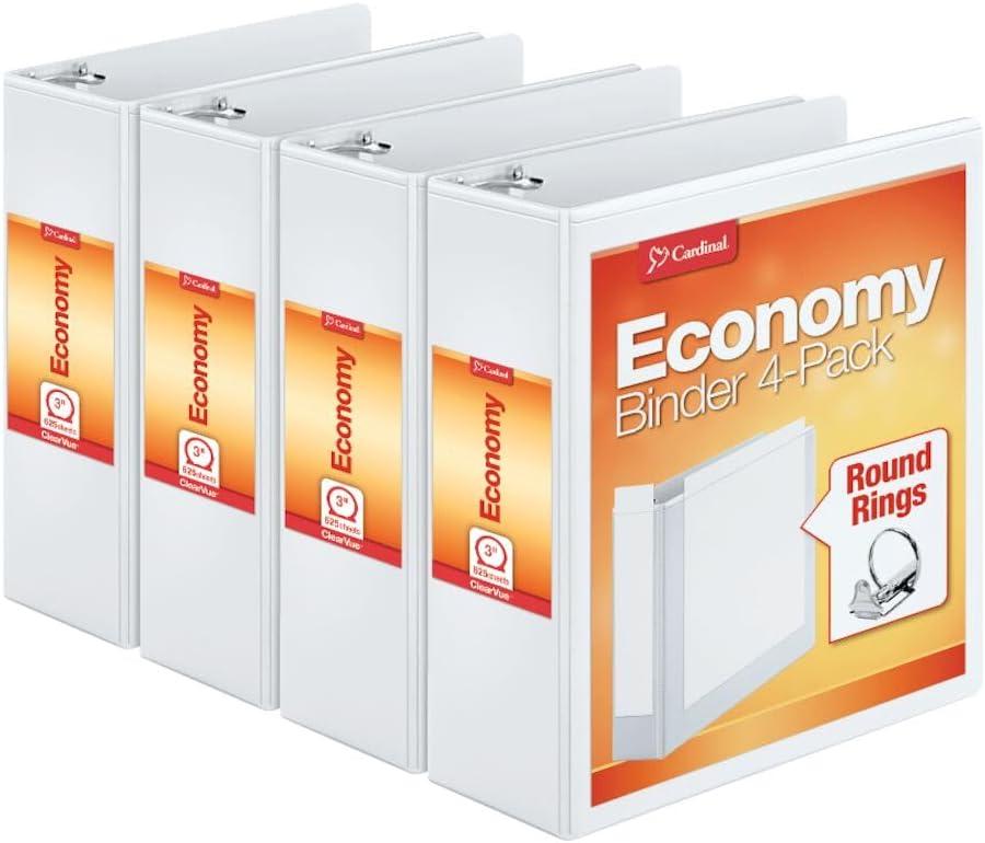 Cardinal Economy 3 Ring Binder, 3 Inch, Presentation View, White, Holds 625 Sheets, Nonstick, PVC Free, 4 Pack of Binders (00430) Cardinal Economy 3 Ring Binder, 3 Inch, Presentation View, White, Holds 625 Sheets, Nonstick, PVC Free, 4 Pack of Binders (00430)