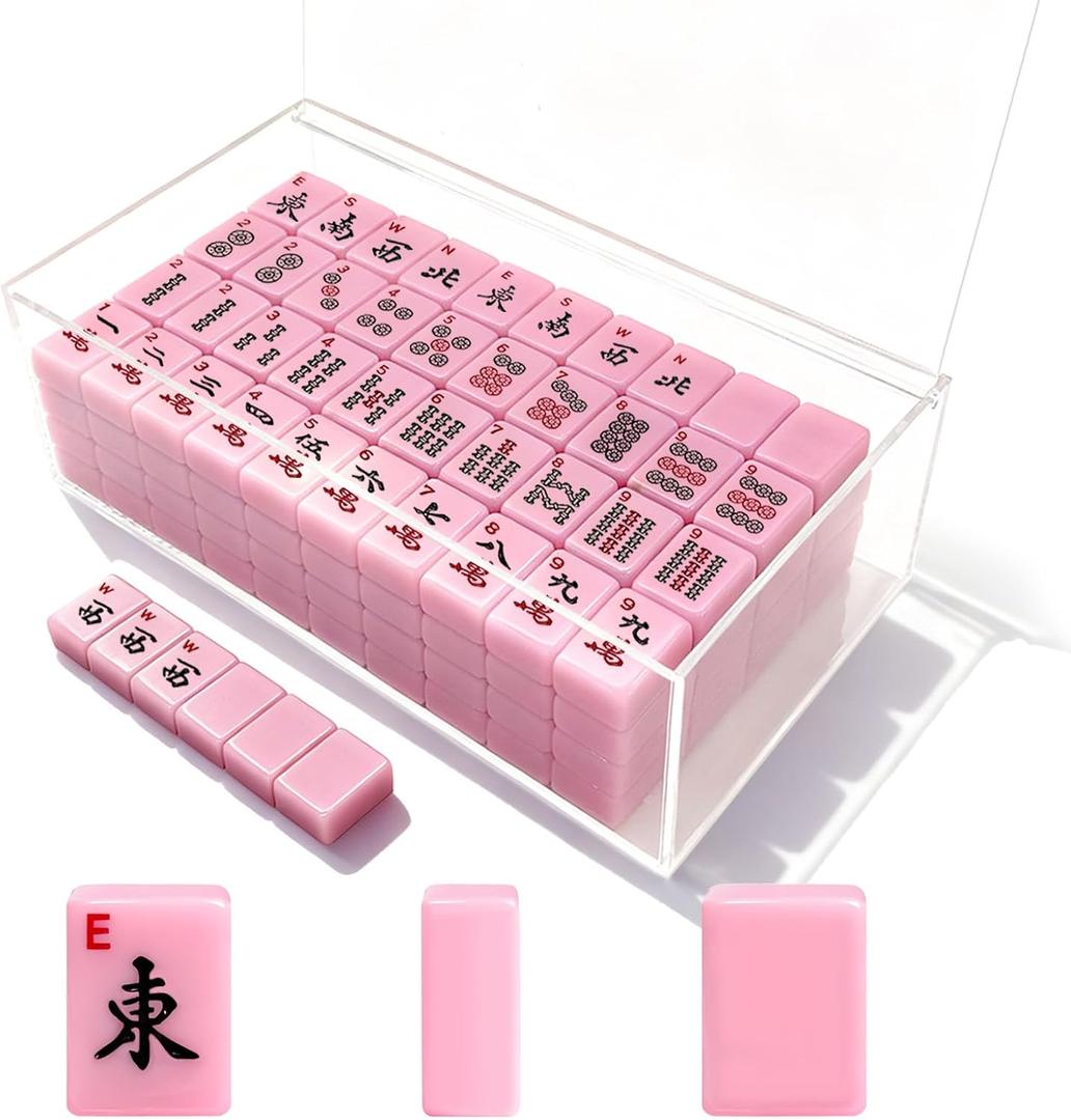 American Mahjong Tiles Set,166 Tiles Game with Acrylic Storage Case,Mahjong Game Set for Adults & Beginners for Game Nights & Easy Storage, Pink