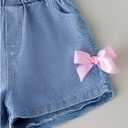 WDIRARA Toddler Girls 2 Piece Bow Knot Cute Summer Outfits Short Sleeve T Shirt and Denim Shorts Sets (Pink)