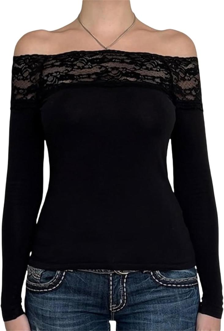 Sup-Coente Gothic T Shirts for Women Goth Black Long Sleeve Off The Shoulder Y2k (Small)