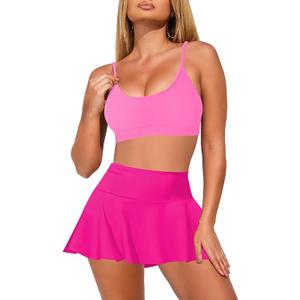 Pink Queen Women's High Waisted Bikini Set Two Piece Swimsuit Scoop Neck Spaghetti Straps Swim Skirt Bathing Suit (Medium, Purple)
