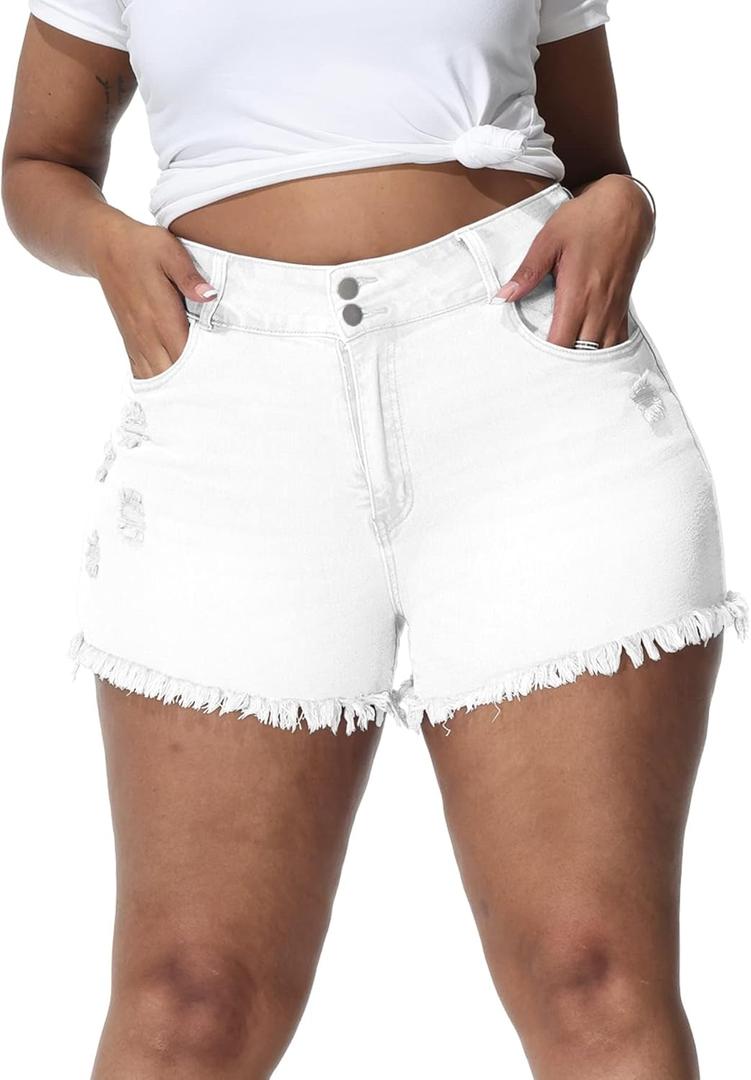 Gocolloa Women Plus Size Jean Shorts Sexy Stretchy High Waisted Frayed Raw Hem Denim Shorts, White, Size: 26W