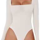 QINSEN Women's Sexy Square Neck Bodysuit Long Sleeve Double Lined Shirt Tops (Large, White)