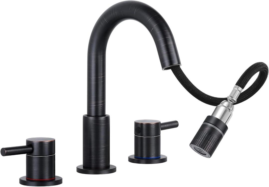 Pull Down Bathroom Faucet for Sink 3 Hole,8 inch Widespread Oil Rubbed Bronze Bathroom Sink Faucet with Pop Up Drain, Water Supply Hoses