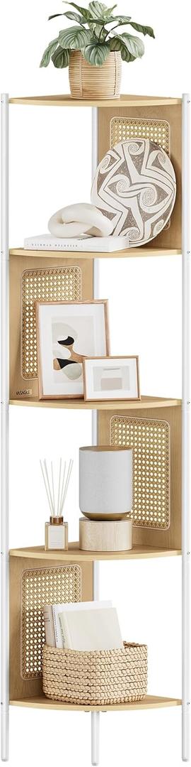 VASAGLE 5-Tier Corner Shelf Stand, Boho Corner Bookshelf with Polyrattan Sides, Plant Stand for Living Room Bedroom Study Kitchen, Oak Beige ULLS588Y57