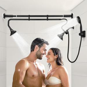 OURBAOFU Tandem Shower, Dual Shower Heads for Couples & Handheld head, Triple Shower Head System for Two People, High Pressure and Adjustable Double Shower Heads and Handheld Shower HeadBlack)
