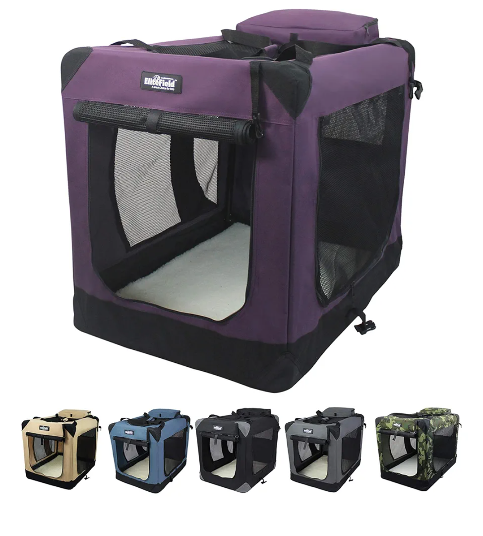 EliteField 3-Door Folding Soft Dog Crate with Carrying Bag and Fleece Bed, Indoor & Outdoor Pet Home (36" L x 24" W x 28" H, Purple