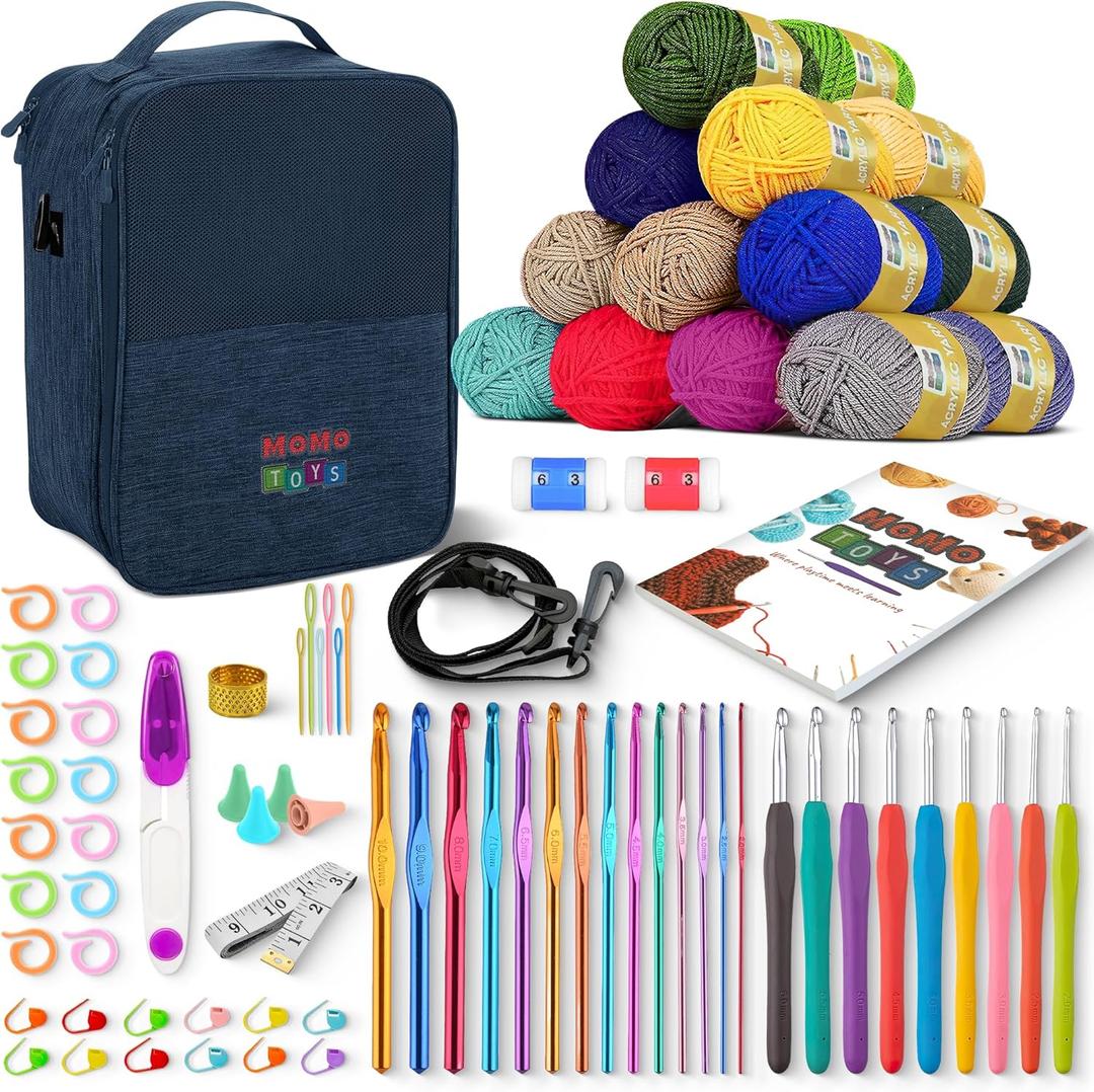 MOMOTOYS Beginner Crochet Kit for Kids & Adults  63 PCS Starter Set with 20 Yarn Skeins, Crochet Hooks, Bag, Book, Crochet Needles & Accessories  Crochet Kit for Beginners