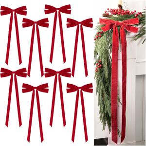 8 Pcs 31.5" x 9.8" Large Red Velvet Christmas Swag Wreath Bows, Rustic Velvet Staircase Fireplace Bow, Vintage Christmas Tree Topper Ribbon Bow Ornaments for Xmas Tree Garland Home Holiday Party Decor