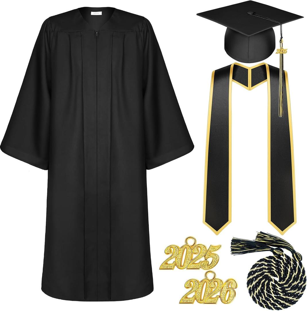 Tigeen Unisex Adult Graduation Gown Cap Tassel Set Matte Uniforms 2025 Charms Cord and Stole for College High School Graduate (42, Black)