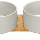 SPUNKYJUNKY Ceramic Dog and Cat Bowl with Wood Stand Non-Slip Matte Glaze Weighted Food Water Set for Cat Medium Dog 28.7 OZ (3.6 CUPS)