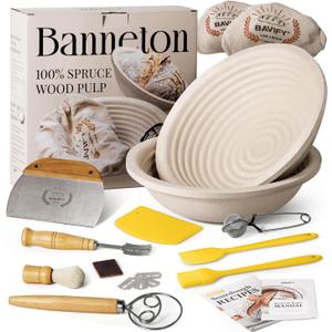 Sourdough Starter Kit, 9" Round 1KG Wood Pulp Banneton Bread Proofing Baskets Set, Sourdough Bread Baking Supplies Making Tools with Dough Scraper, Whisk, Bread Lame, Recipe