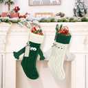 Christmas Stockings Magnetic Holding Hands Socks with Name Tags, Knitted Christmas Stocking Stuffers Boys Girls Personalized Xmas Party Home Decor Funny Socks Gifts, Green and White, 2 Pack