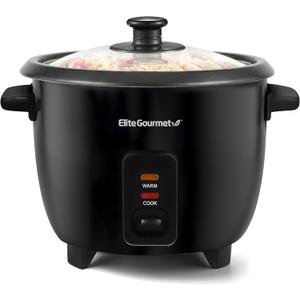 Elite Gourmet Electric Rice Cooker with Steam Tray and Non-Stick Inner Pot Makes Soups, Stews, Grains, Cereals, Keep Warm Feature, 6 Cups Cooked (3 Cups Uncooked), Black