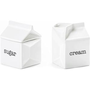 Ceramic Sugar and Creamer Set, Milk Carton Shaped White Cream Jug and Sugar Bowl With Lid