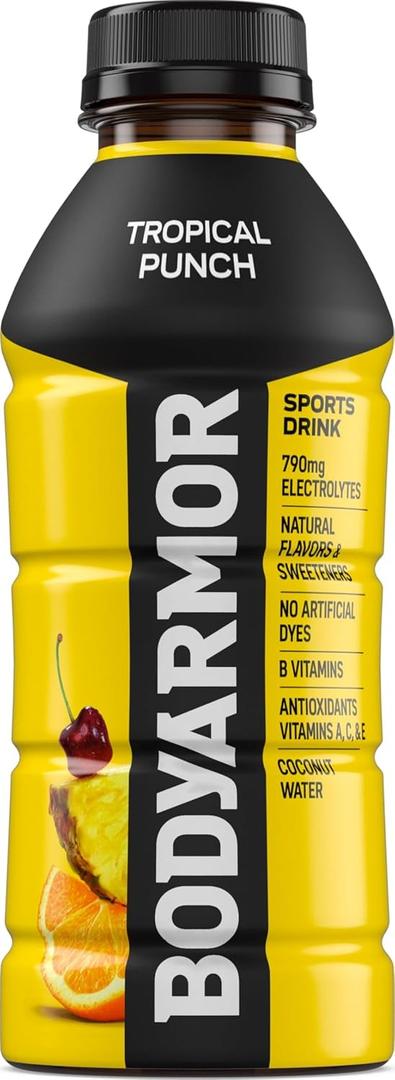 BODYARMOR Tropical Punch Electrolyte Sports Drink Bottle, 16 fl oz No artificial sweeteners, flavors, or dyes, made with coconut water, naturally flavored, antioxidants, electrolytes, 