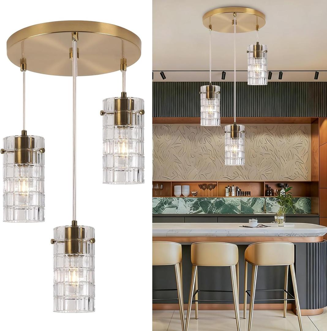 Modern Glass Pendant Light, Copper Finish 3-Light Chandelier for Kitchen Island/Dining, Height Adjustable, E26 Sockets, Bulbs Not Included