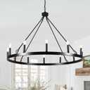 12-Light Black Wagon Wheel Chandelier for Dining Room,Farmhouse Chandeliers for Outdoor,Rustic Industrial High Ceilings Round Light Fixtures for Living Room Entryway Foyer Kitchen Island,38",E12