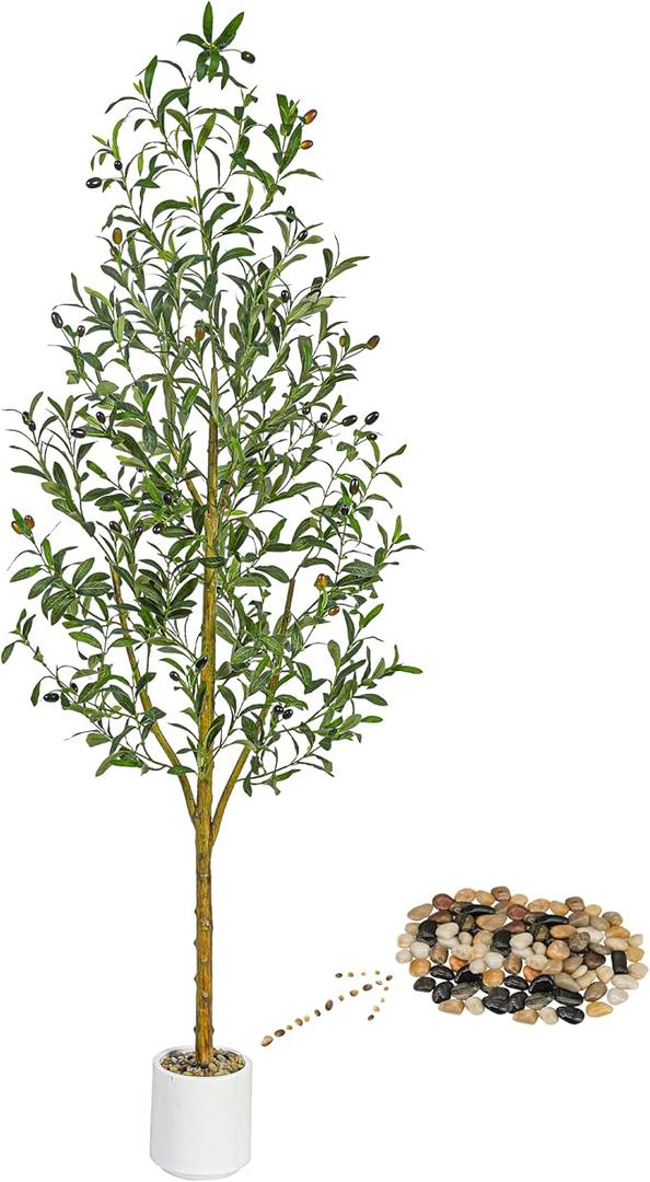Olive Trees Artificial Indoor 6FT Tall Faux Olive Plants Silk Plant with White Planter, Artificial Plants Home Office Decor, Fake Olive Trees with Lifelike Fruits for Bedrooms Living Room