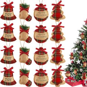 WILLBOND 16 Pcs Rustic Burlap Christmas Tree Ornaments Bulk Farmhouse Country Christmas Decorations Red Buffalo Plaid Stocking Hanging Ornaments for Xmas Holiday Family Office Party Gifts Decor