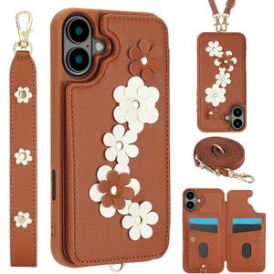 for iPhone 16 Wallet Case, Magnetic Snap Flip Leather Cover with Flower Design Credit Card Holder Stand WristbandiPhone 16 Protective Phone Case for Women