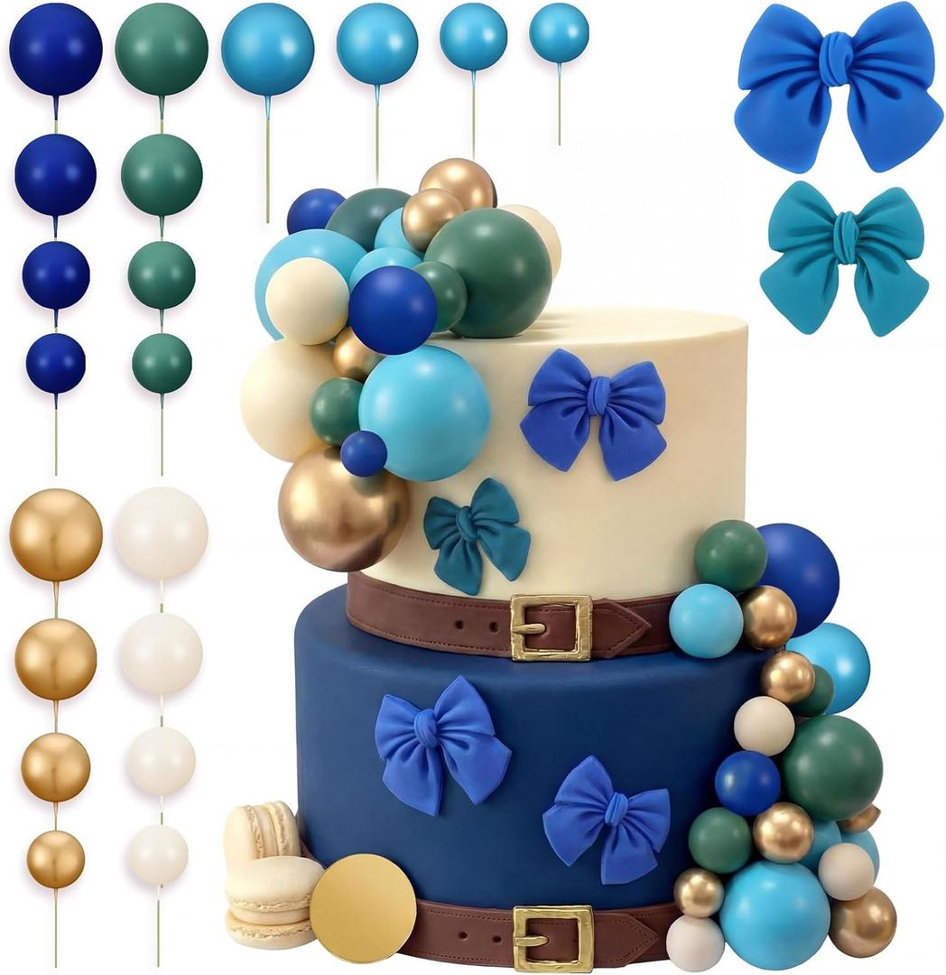 Threehoney 60 Pcs Sage Green Navy Blue Balls Cake Toppers and Bow Cake Decorations Birthday Jungle Safari Baby Shower Bridal Showers Graduation Engagements Weddings Bear Theme Party Decoration