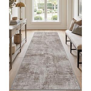 DEXI Hallway Washable Runner Rug 3x8, Modern Abstract Soft Thin Kitchen Runner with Non Slip Backing, Low Pile Entryway Floor Rug, Stain Resistant Carpet for Bedroom Living Room, Grey Brown
