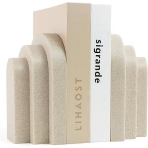 LIN CHUAN Heavy Duty Bookends for Shelves, 6.6 LBS Heavy Book Ends for Heavy Books, Decorative Modern Bookends with Faux Sandstone Look, Layered Arch Book Stopper for Bookshelf Holder Set of 2, Beige