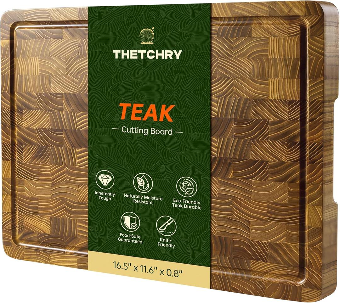 Teak Wood Cutting Boards for Kitchen, End Grain Cutting Board with Juice Groove Handles Non-slip Feet, Reversible Wooden Chopping Board Serving Tray for Cheese and Vegetables, 16.5" x 11.6"