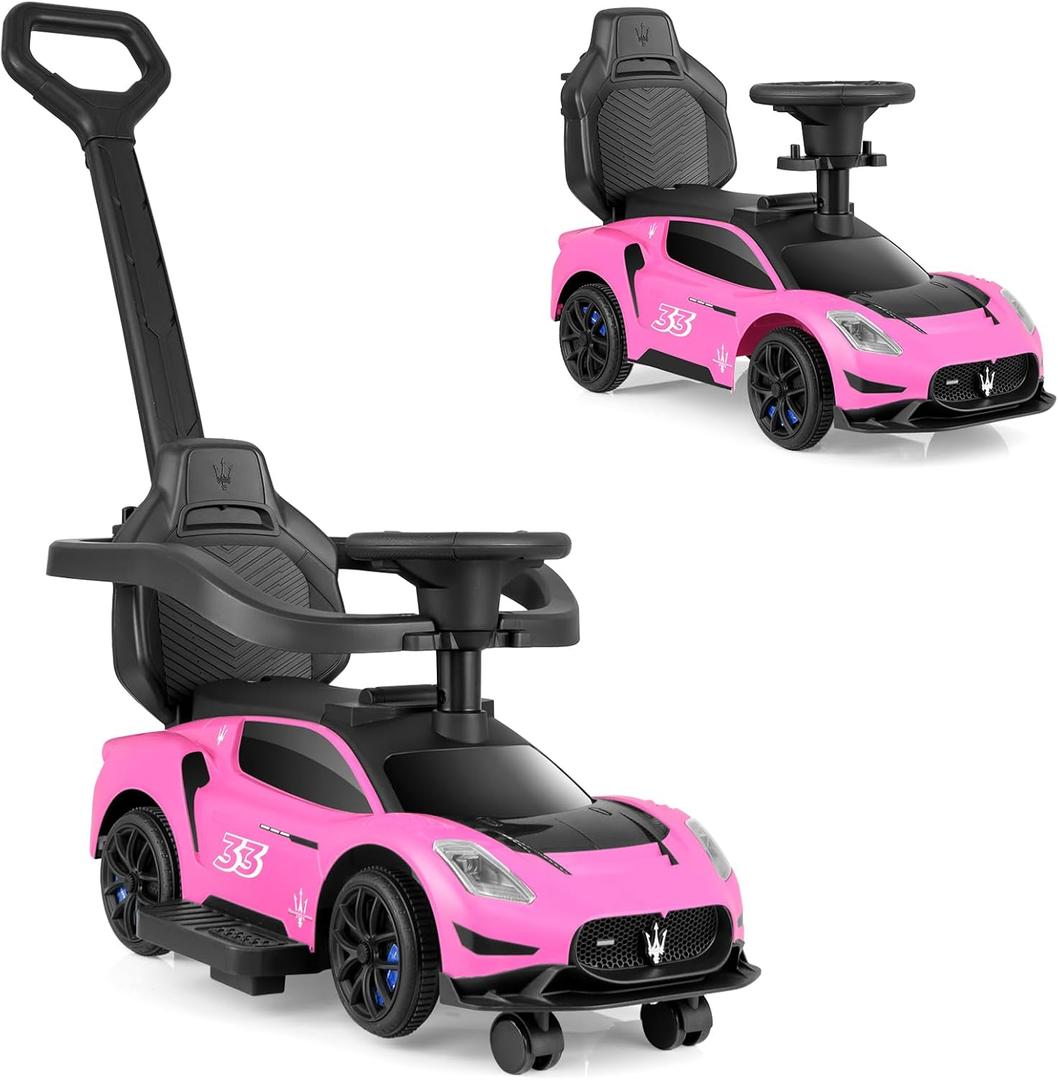 INFANS 3 in 1 Push Car for Toddlers, Licensed Maserati Baby Stroller Sliding Walking Car with Push Handle, Horn, Music, Underneath Storage, Foot-to-Floor Ride on Toys for Boys Girls (Pink)