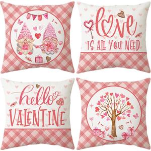2 x Pink Valentine's Day Pillow Covers 18 x 18 Inch Set of 4, Valentines Decor Love Heart Designs Decorative Pillowcases for Home Sofa Couch Cushion Decoration