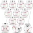 Baderke 12 Set Sports Party Decor 10oz Plastic White Red Baseball Ball Shape Cups with Straws and Lids Ball Cups Bulk Sport Theme Bottle for Drink Birthday Party Favors Supplies