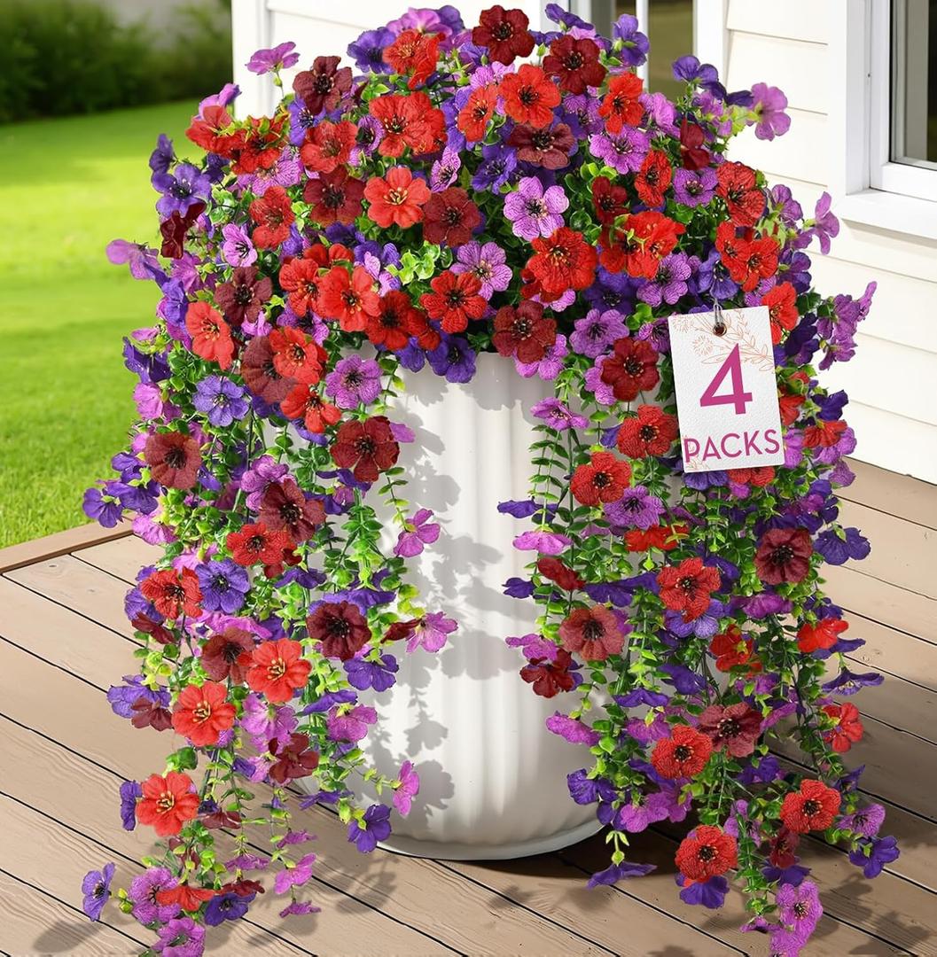 Alupssuc 4PCS Artificial Fake Hanging Flowers for Outdoor Spring Decoration, UV Resistant No Fade Faux Silk Daisy Floral Plastic Plants for Outside Indoor Yard Home Porch Realistic Decor, Mix 4 Colors