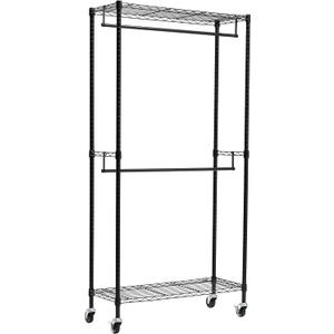 Amazon Basics Adjustable, Double Hanging Rod Garment Rolling Closet Organizer Rack with Wheels, Heavy Duty, Black, 36'' x 14'' x 72'', WI-GAR1436B