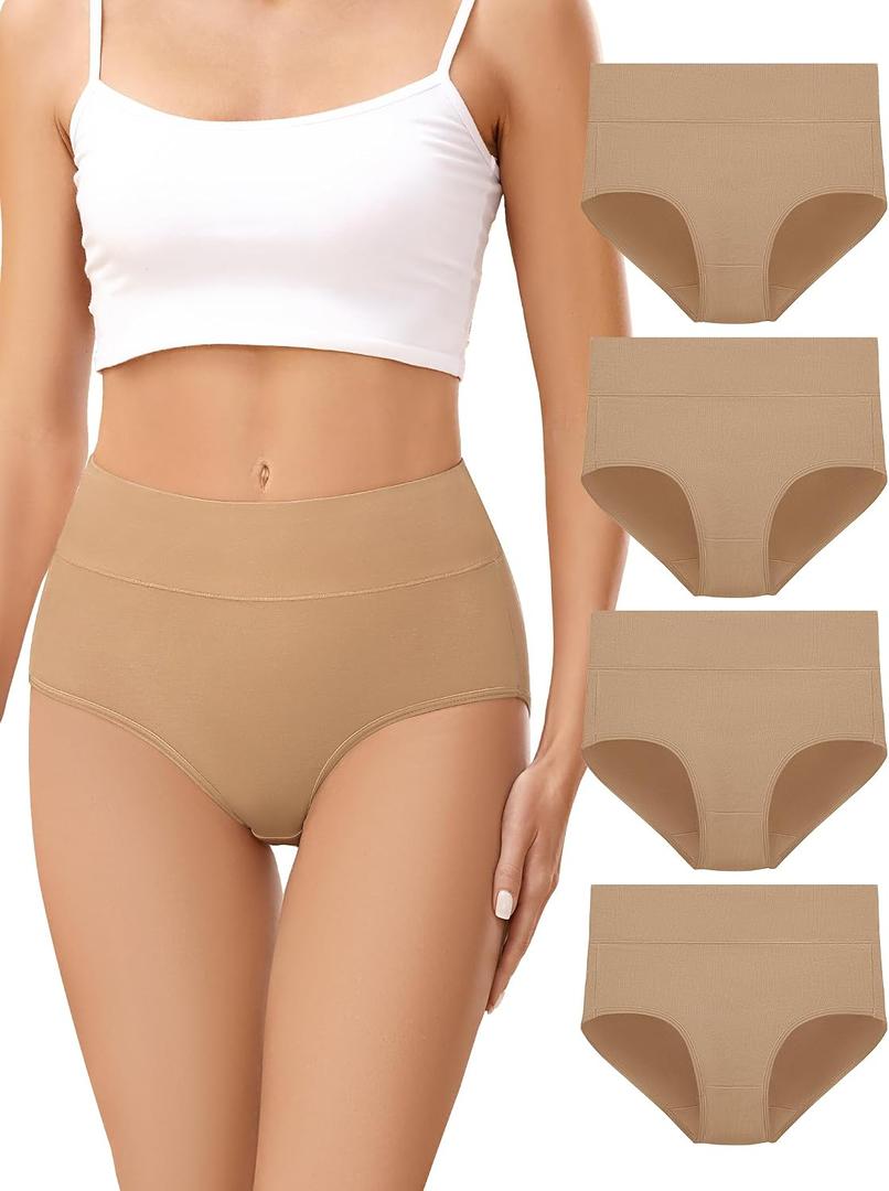Voenxe Cotton Underwear for Women, High Waisted Ladies Panties, Breathable Soft Full Coverage Briefs,  Comfy Underpants,4 Pack (Beige, M)