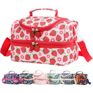 Insulated Kids Dual Compartment Lunch Bags Tote for Girls Boys Toddler Lunch Boxes Pre-School Toddler Kindergarten Picnic Camp Food Cooler Thermal with Strap (Bright Strawberry)