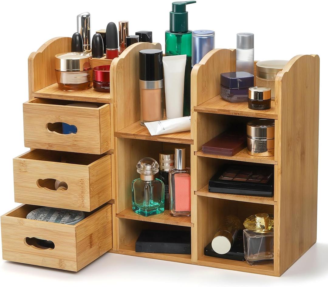 Coloch Bamboo Makeup Organizer with Drawers, Large Cosmetics Storage Shelf for Vanity Countertop Skincare Organizer for Desktop, Skincare, Beauty Supplies, Cosmetics Display, Stationery Storage