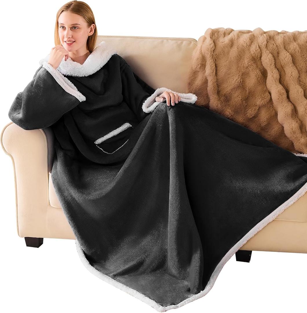 IFNOW Sherpa Wearable Blanket with Sleeves for Women Men Adults, Christmas Birthday Gifts for Women Mom Wife, Cozy Wearable Blanket with Arm and Pocket, Warm Full Body TV Wrap Throw Blanket, Black