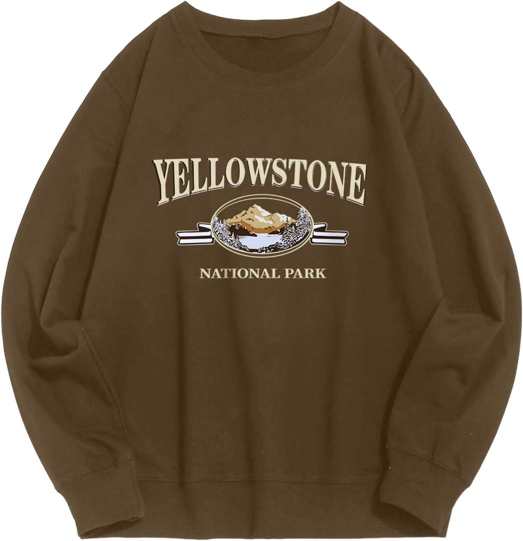 ZAFUL Men's Graphic Sweatshirts Long Sleeve Crewneck Vintage Printed Streetwear Casual Drop Shoulder Pullover Tops, Brown 