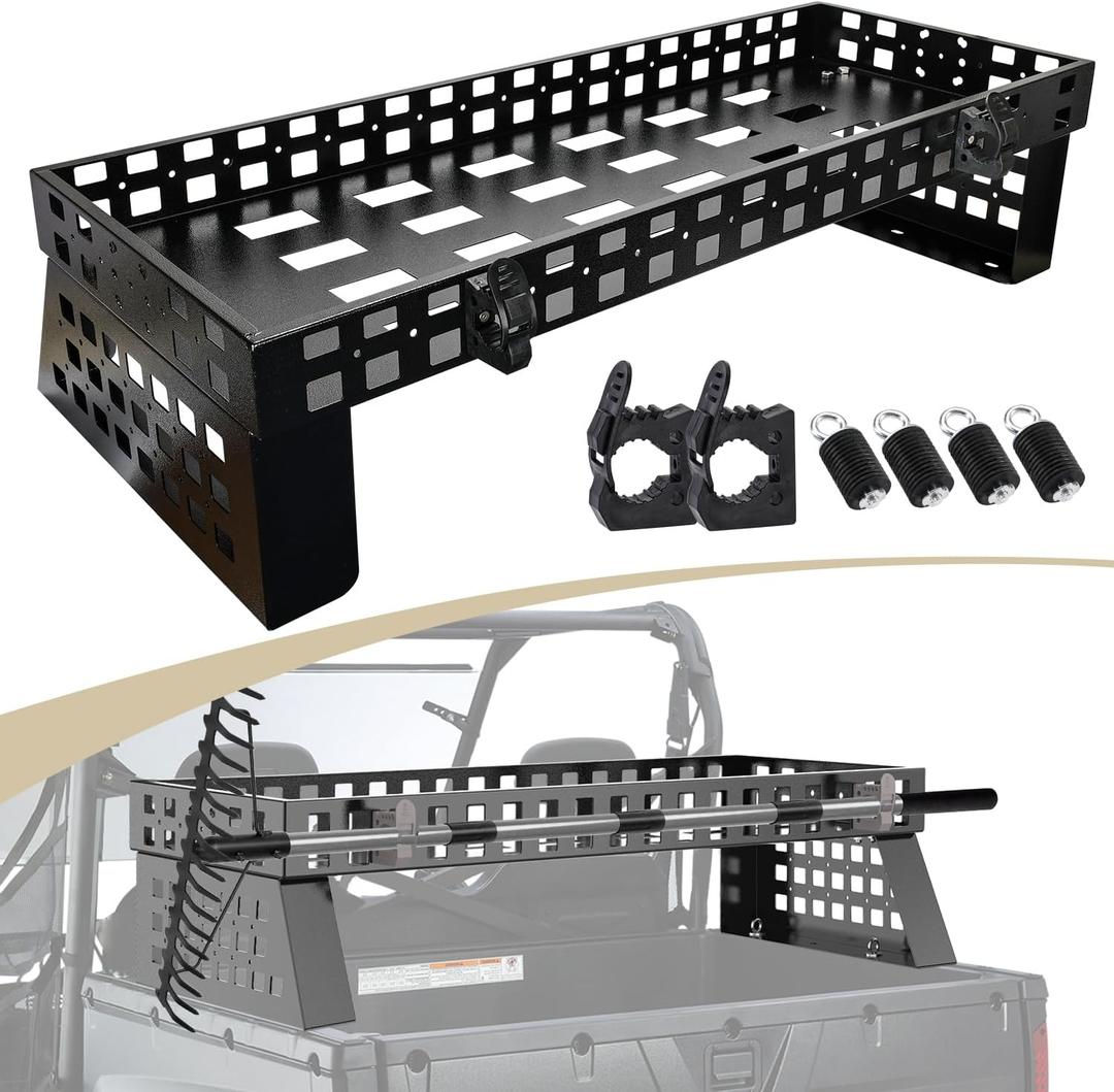 TOPOWN UTV Over Bed Cargo Rack with Tool Clamps, Molle Panel Sides Overbed Cargo Racks for Polaris General Fit Bed Rail Widths from 40.23-43.07, Heavy Duty UTV Storage Rack, Strong Load Capacity