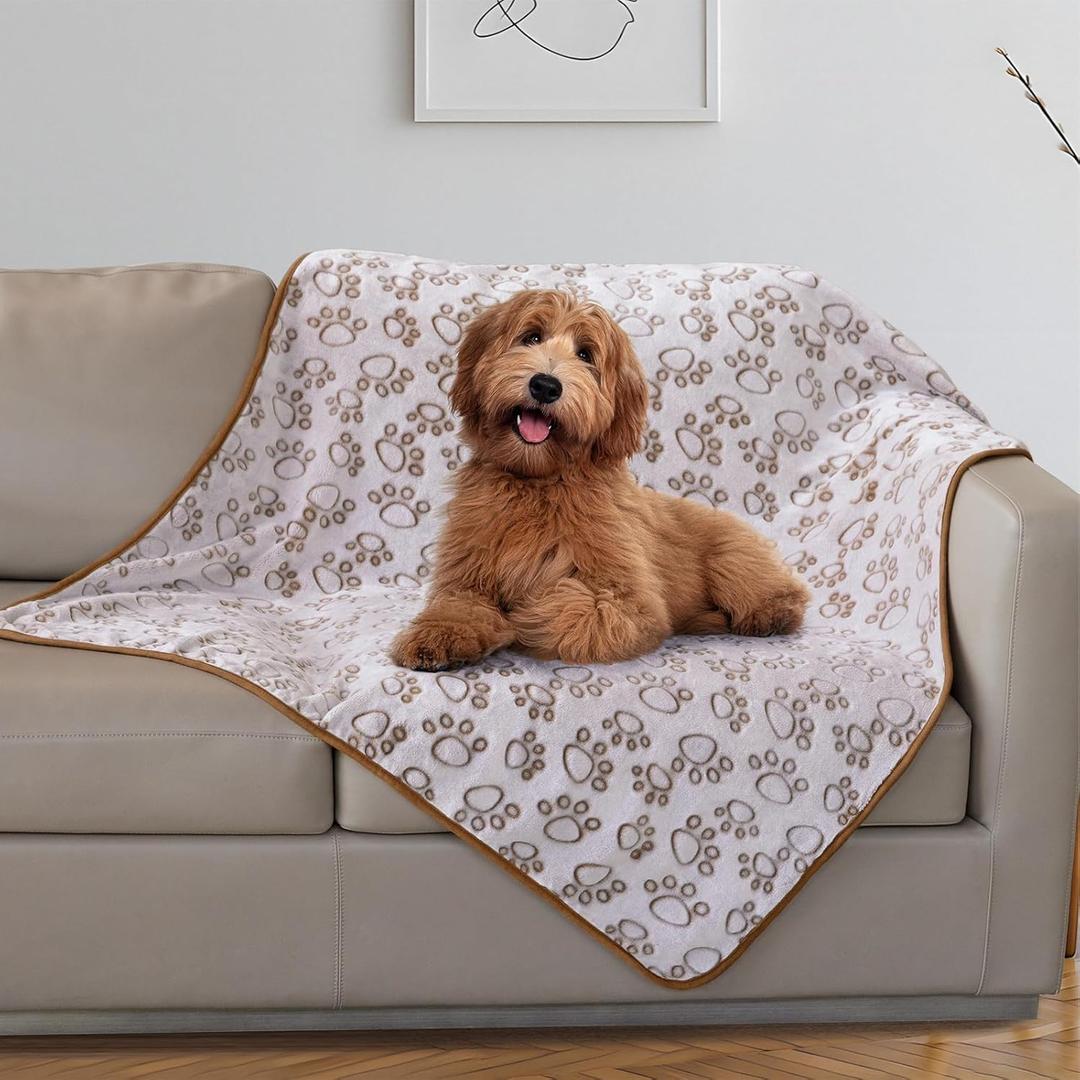 Stuffed Large Brown Premium Soft Dog Blanket, with Flannel Cute Paw Print, 43x66 inches, Cat Blanket Maltipoo Puppy Essentials
