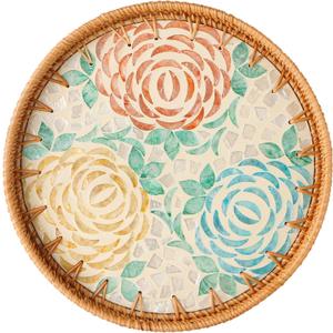 Aayoruro Round Rattan Tray with Mother of Pearl Inlay, Decorative Wicker Serving Tray with Wooden Base, Woven Basket Trays for Bread Fruits Coffee, Peony