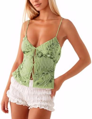 Ythomm Women Sequin Cami Tank Tops Sparkle Rhinestone Sleeveless Camisole Tie Up Front Backless Y2k Crop Tops Summer Clubwear, Small