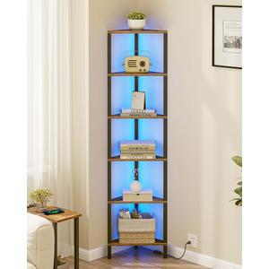 TUTOTAK Corner Shelf with LED Light, 6Tier Corner Bookshelf for Small Space, Narrow Display Corner Shelf Stand with Storage Rack, for Living Room, Bedroom, Brown BS05BC006L