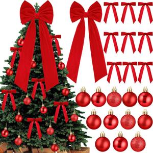 Gejoy Velvet Bow Christmas Tree Decoration Set, 30 Pcs Small Bows 1 Pcs 47" x 15.7" Large Tree Topper Satin Bows and 36 Christmas Balls Ornaments, Xmas Glitter Balls for Holiday Decor(Red Velvet)