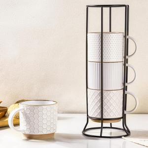 GBhome 12OZ Stackable Coffee Mugs with Stand, Ceramic Coffee Mugs with Texture Patterns for Man,Woman,Dad,Mom, Modern Coffee Cups Set of 4 for Latte/Cappuccino/Cocoa. Dishwasher&Microwave Safe, Off-White, 12oz (With Stand)